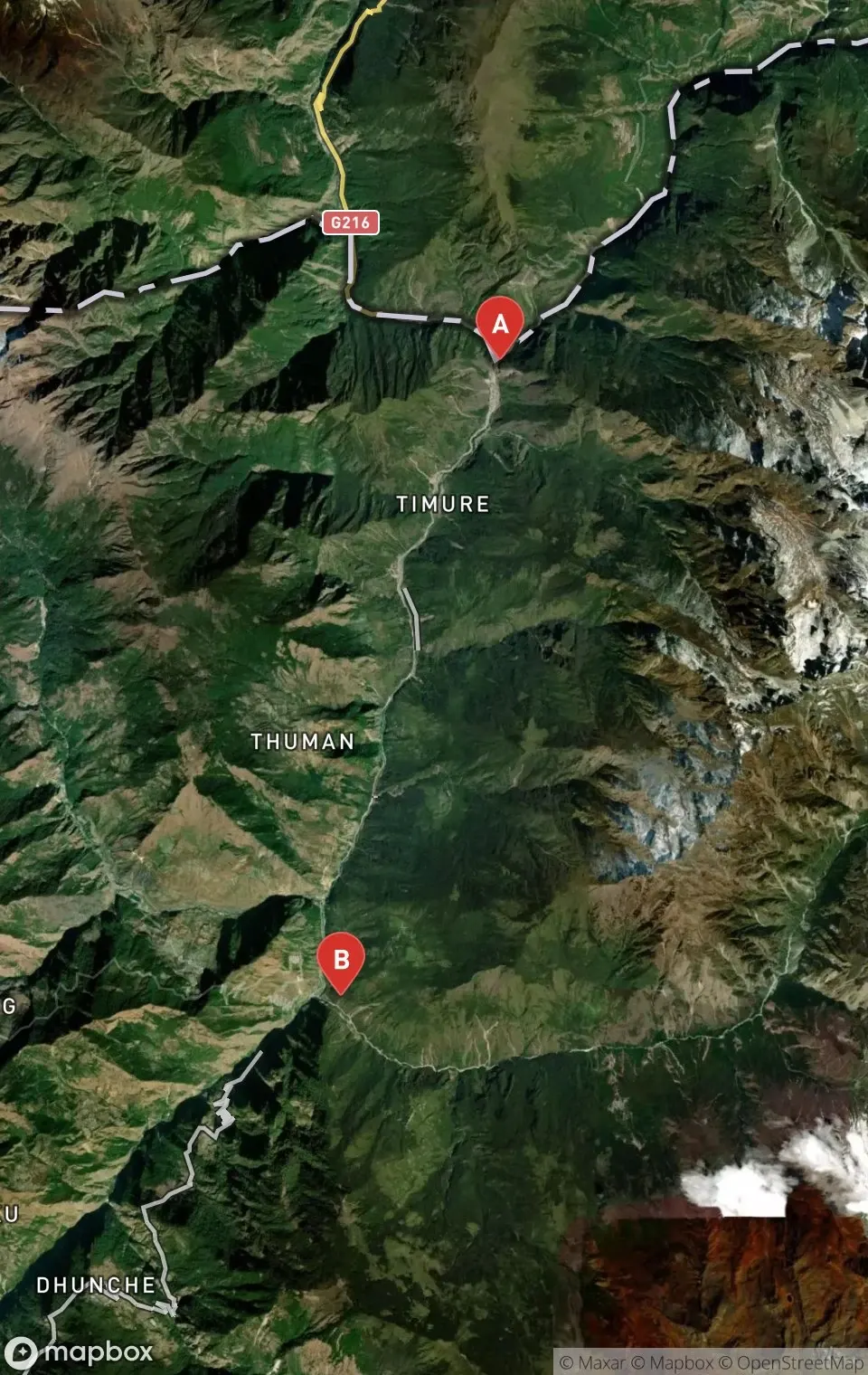 Satellite river map with red A for Rasuwagadhi and B for Syabrubesi